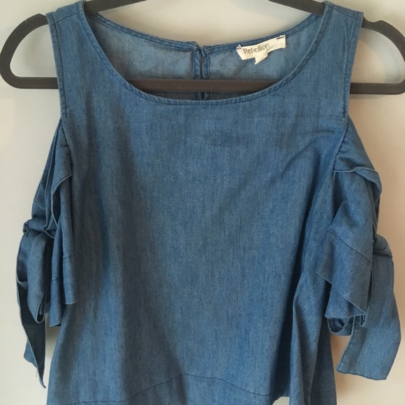 Rebellion Denim Cold-Shoulder Top - Picture 1 of 4